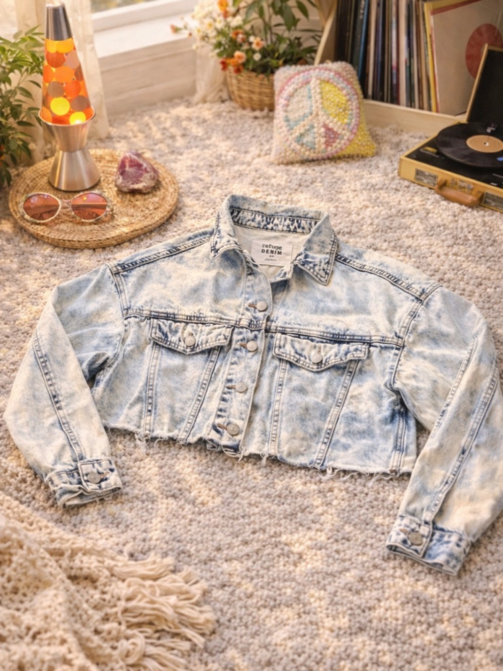 Refuge Denim Acid Wash Cropped Jean Jacket Frayed Hem Y2K 80s Blue Size S